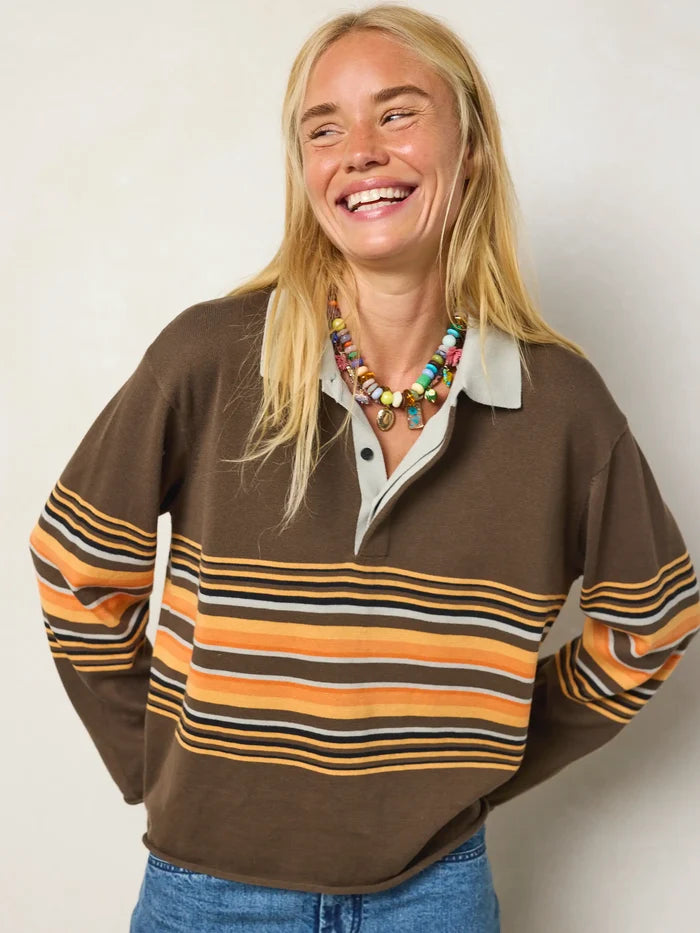 Retro Cotton Rugby Shirt - Chestnut Brown Stripe-view 2