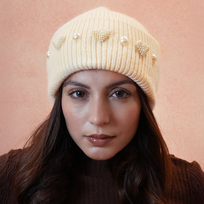 Ribbed Wool Beanie with Pearls & Heart Embellishments - Off-White