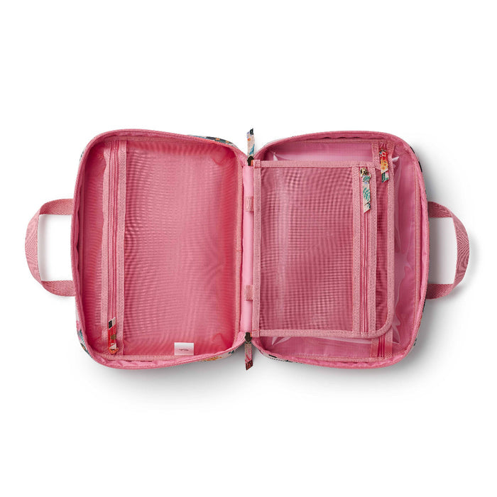Inside of travel bag, pink,  with open compartments on a white background