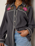 Round Top Embroidered Button Down - Charcoal-view 1