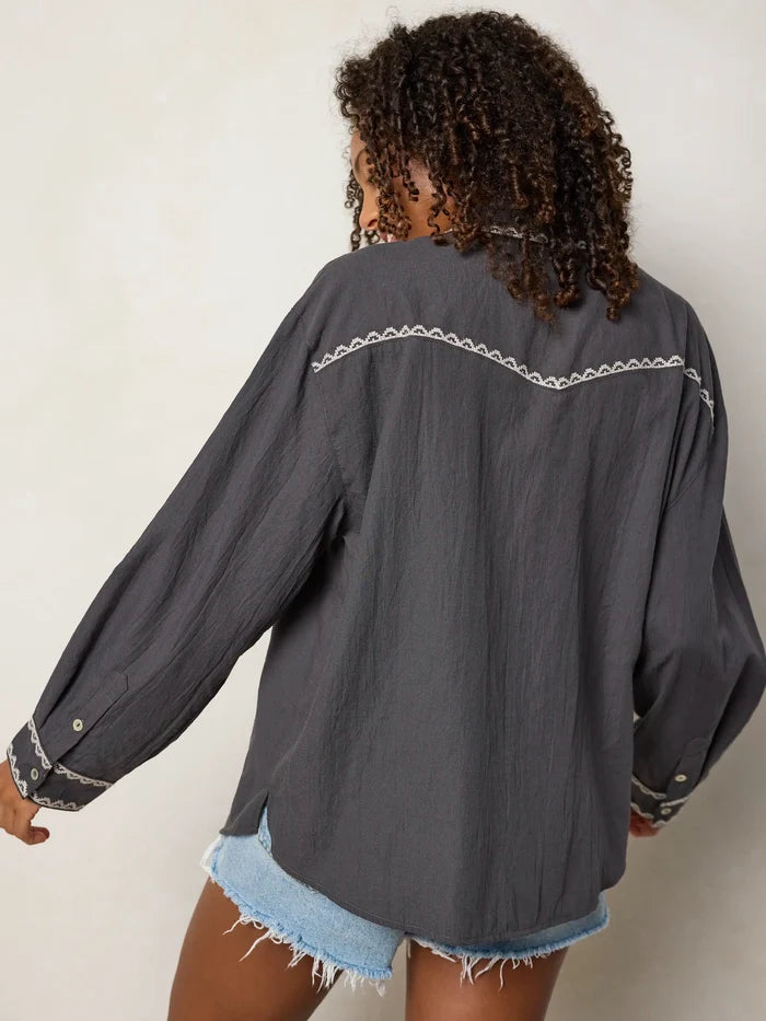 Round Top Embroidered Button Down - Charcoal-view 2