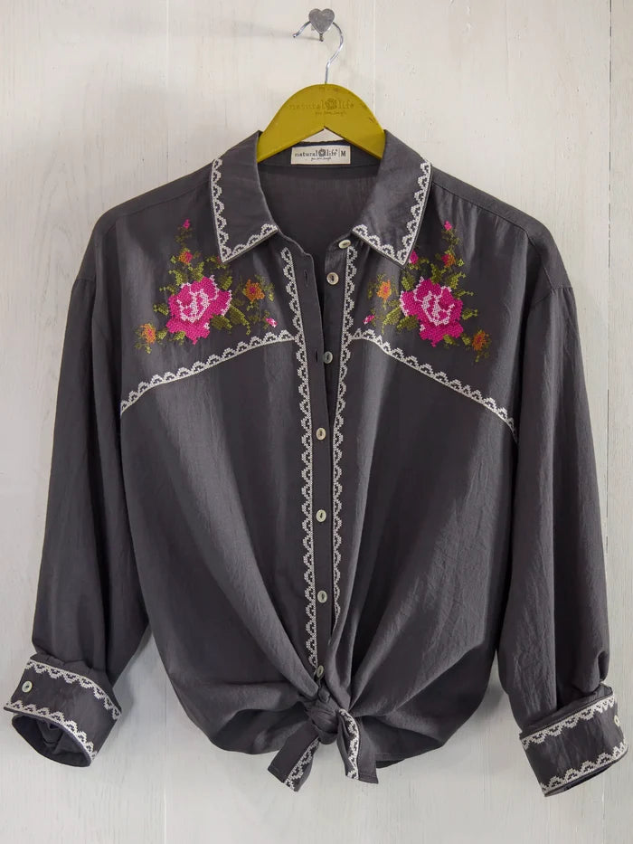 Round Top Embroidered Button Down - Charcoal-view 3