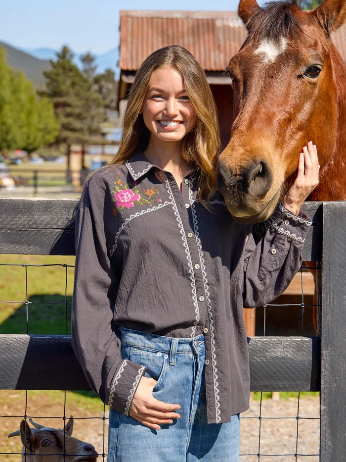Round Top Embroidered Button Down - Charcoal-view 4