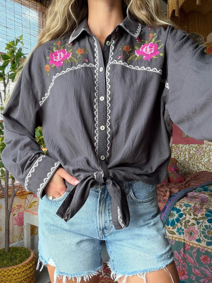 Round Top Embroidered Button Down - Charcoal-view 5