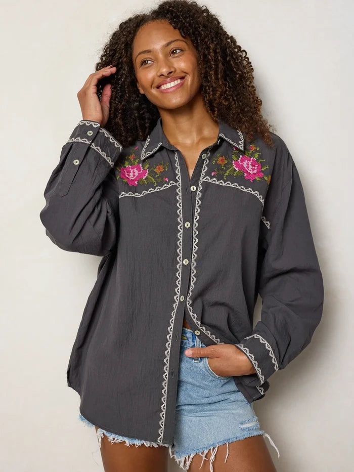 Round Top Embroidered Button Down - Charcoal-view 6