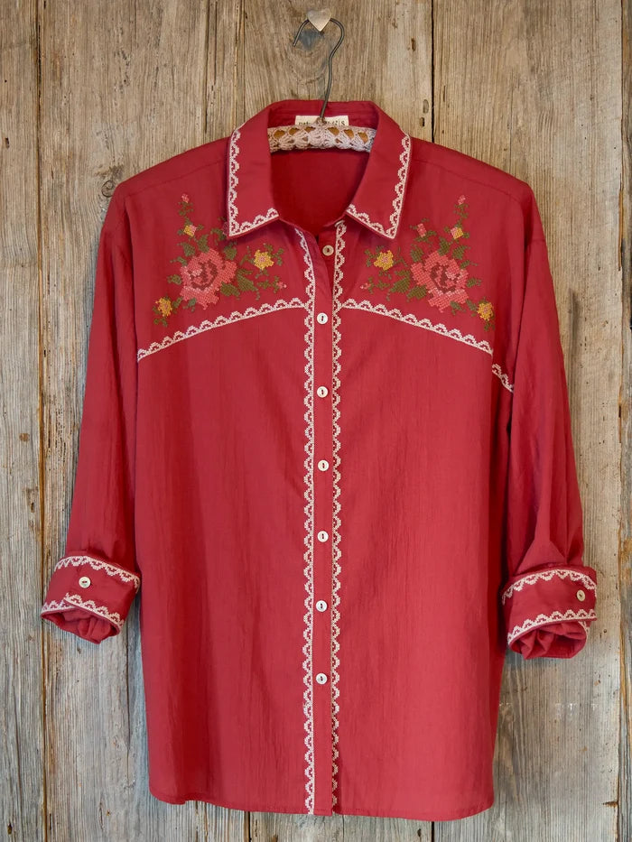 Round Top Embroidered Button Down - Red Clay-view 1
