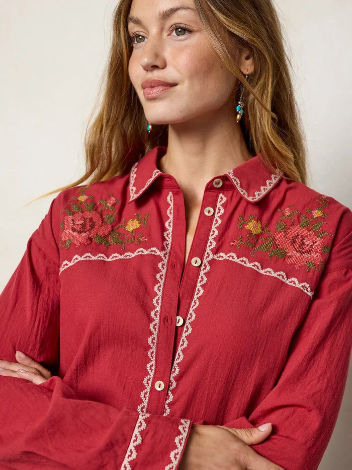 Round Top Embroidered Button Down - Red Clay-view 2