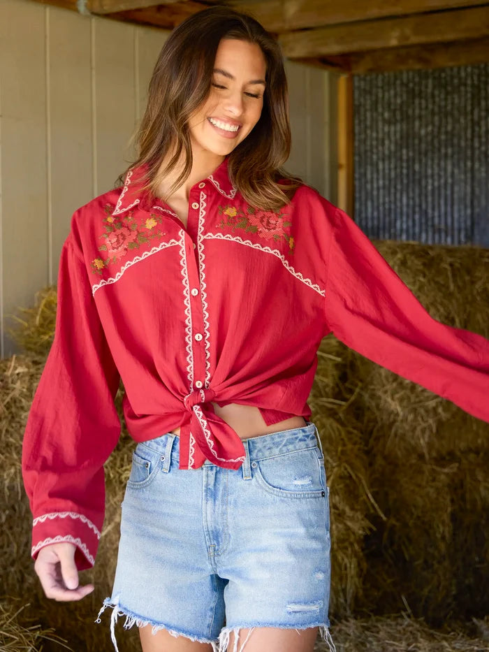 Round Top Embroidered Button Down - Red Clay-view 3