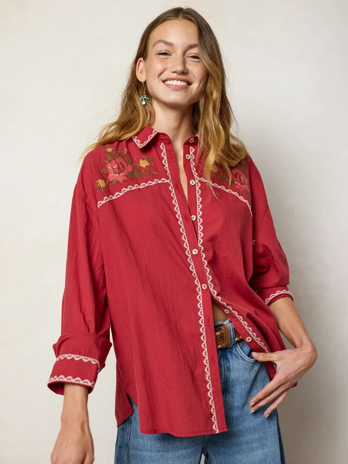 Round Top Embroidered Button Down - Red Clay-view 5
