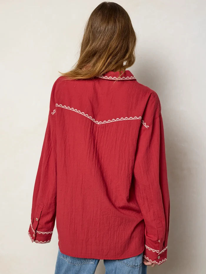 Round Top Embroidered Button Down - Red Clay-view 6