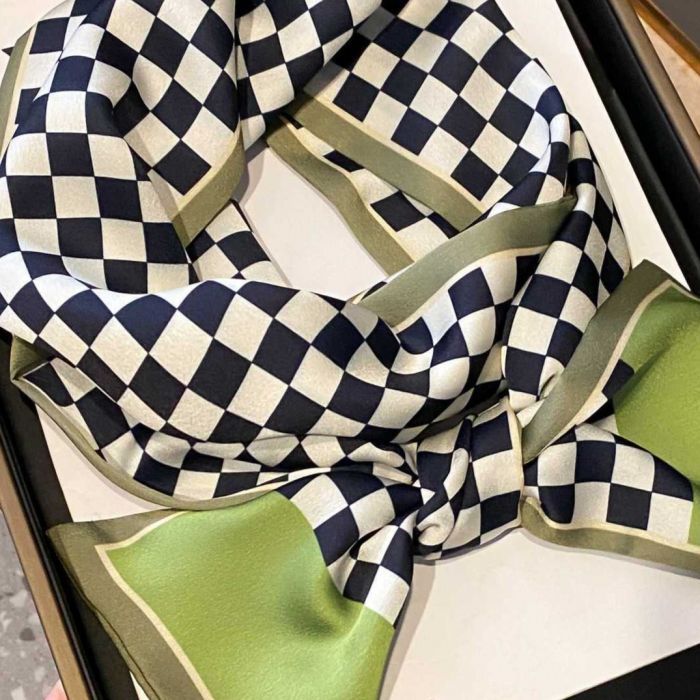 Sage Green Checkered Satin Feel Neck Scarf