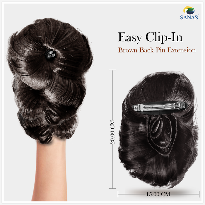 Brown synthetic hair bun extension with secure back pin by SANAS.