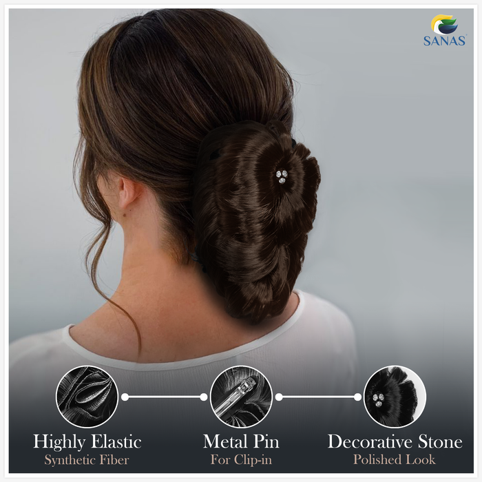 Instant messy hair bun accessory for women in natural brown shade.