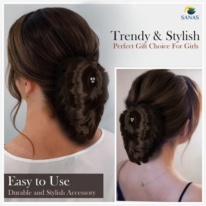 Lightweight brown hair bun with back pin for secure all-day hold.
