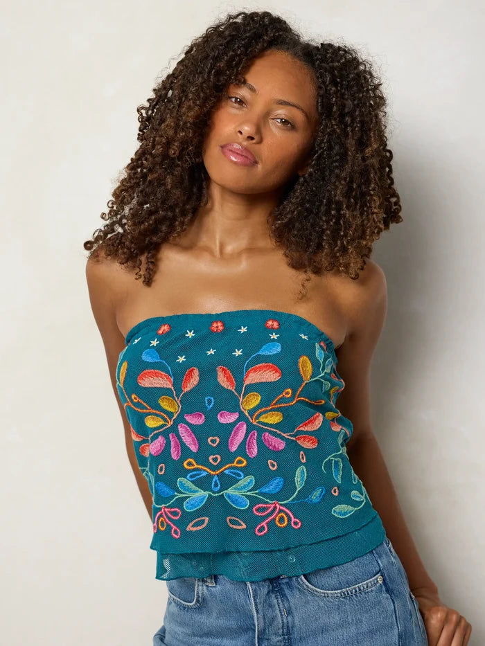 Sasha Embroidered Mesh Top - Teal Floral-view 4