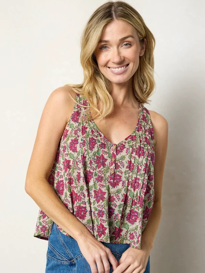 Savannah Cotton Sleeveless Top - Cream Red Lotus-view 4