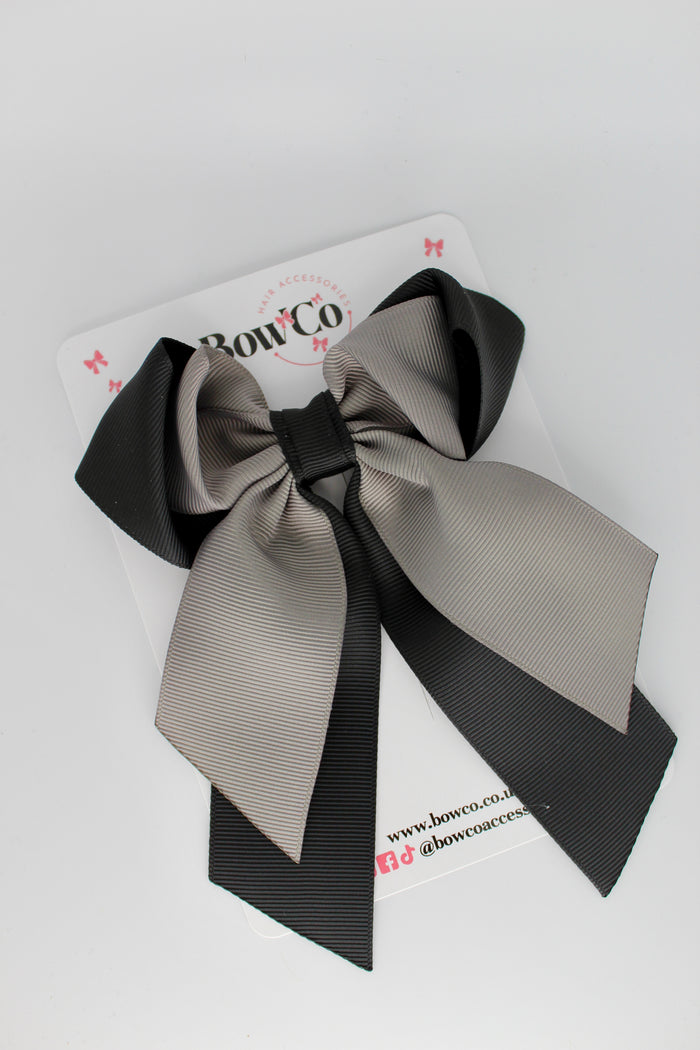School Bow - Black and Metal Grey - Loop Tail Hair Bow - Clip