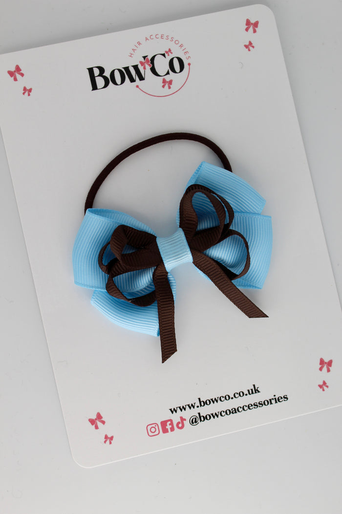 School Bow Blue Topaz and Brown - Double Bow - Elastic
