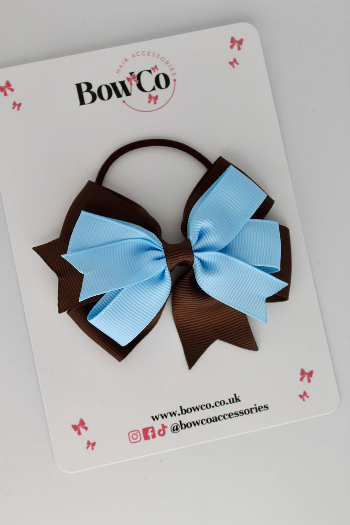 School Bow Blue Topaz and Brown - Double Tail Bow - Elastic
