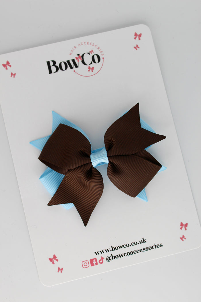 School Bow Blue Topaz and Brown - Layer Tail Bow - Clip
