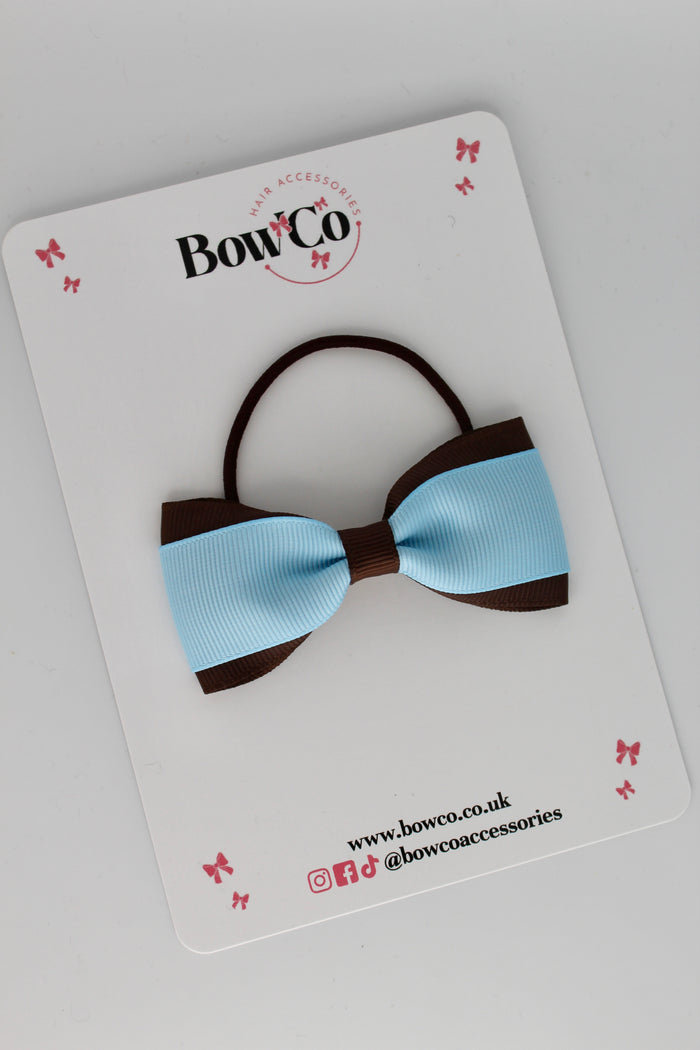School Bow Blue Topaz and Brown - Tuxedo Bow - Elastic