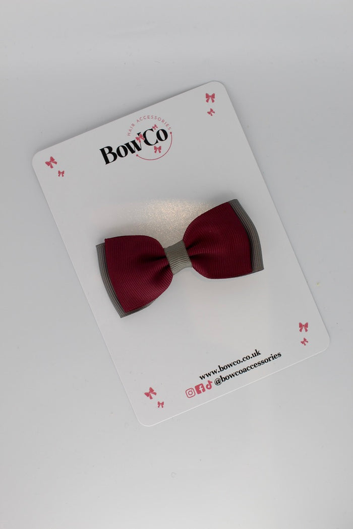 School Bow Burgundy and Metal Grey - Double Lapel Bow - Clip