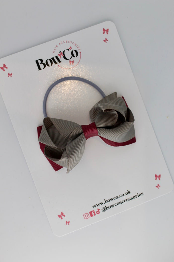 School Bow Burgundy and Metal Grey - Pleated Bow - Elastic