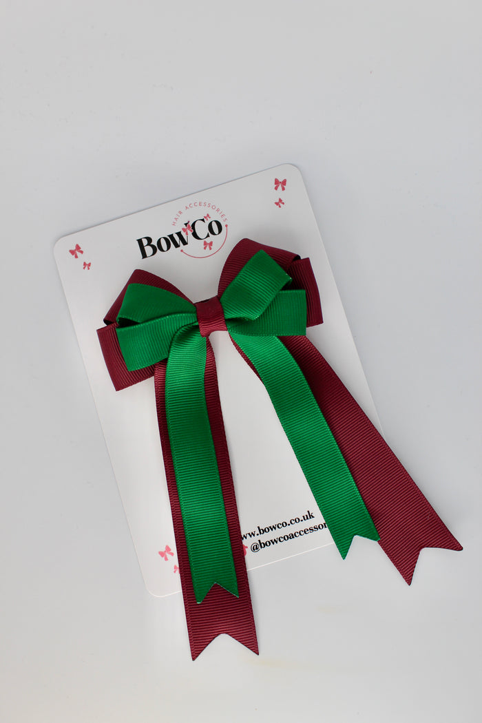 School Bow Forest Green and Burgundy - Double Bow Tail