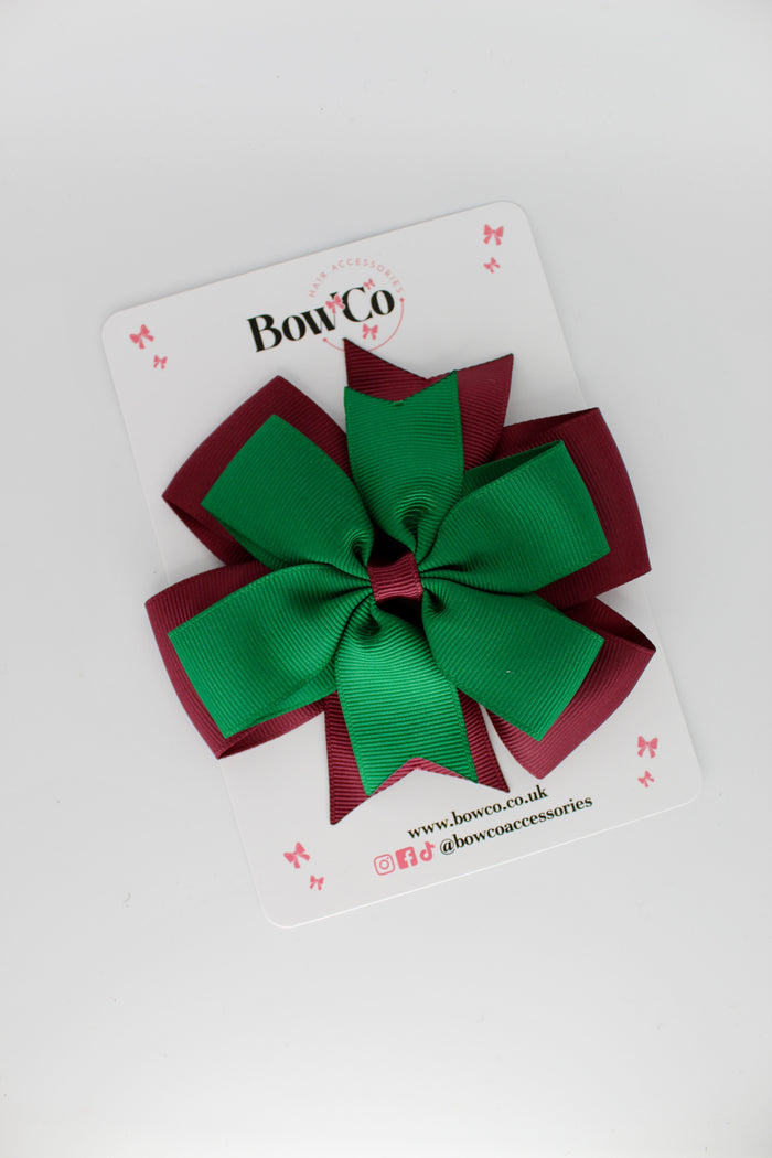 School Bow Forest Green and Burgundy - Pinwheel Bow Clip