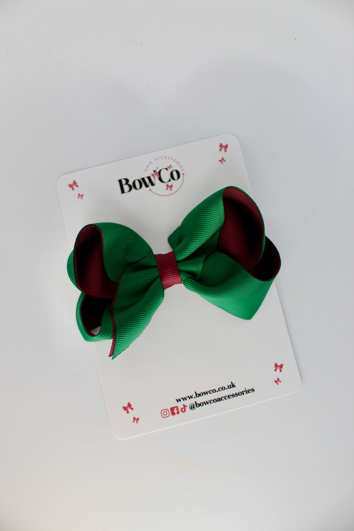 School Bow Green and Burgundy - Loop Bow - Clip