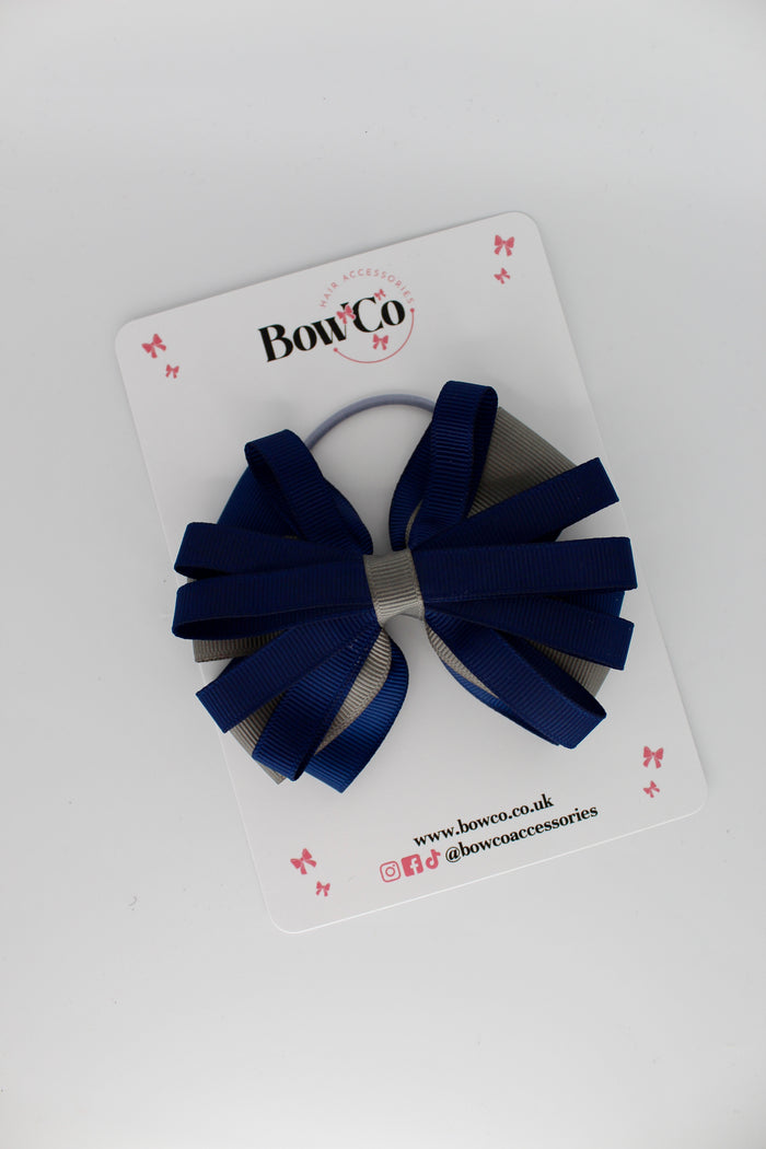 School Bow Navy and Metal Grey - Spiral Bow - Elastic