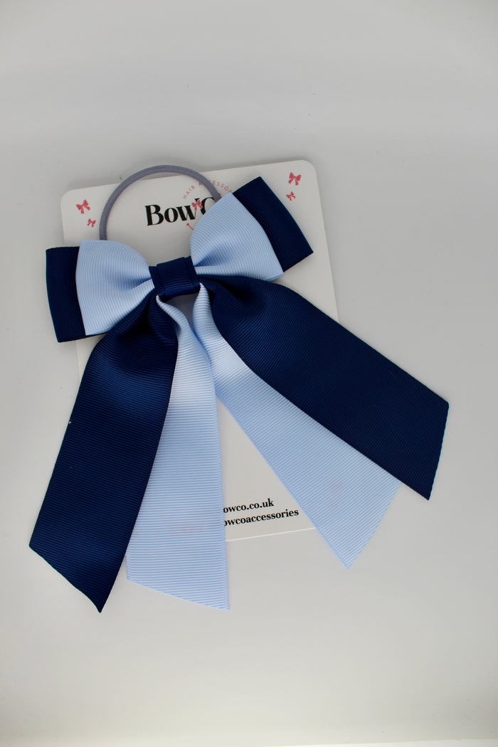School Bow Navy Blue and Bluebell - Double Layer Tail Bow – Elastic