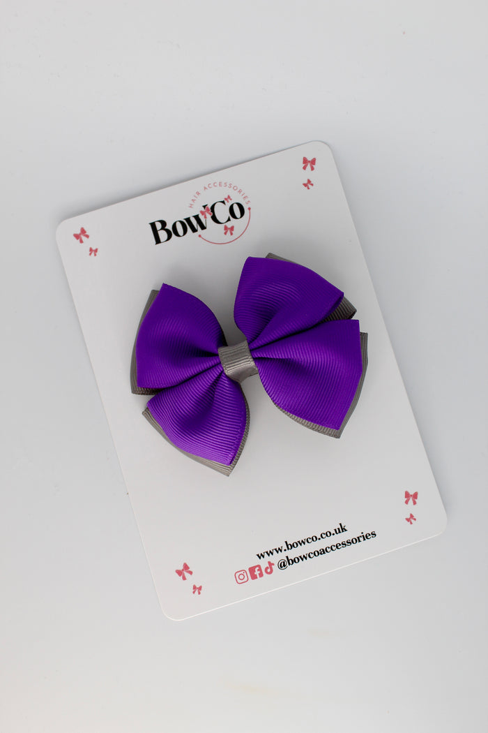 School Bow Purple and Metal Grey - Double Layer Bow - Clip