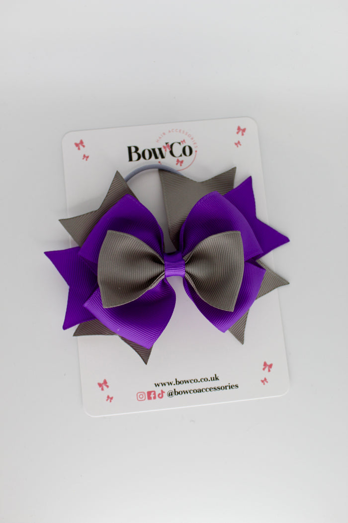 School Bow Purple and Metal Grey - Layer Bow - Elastic