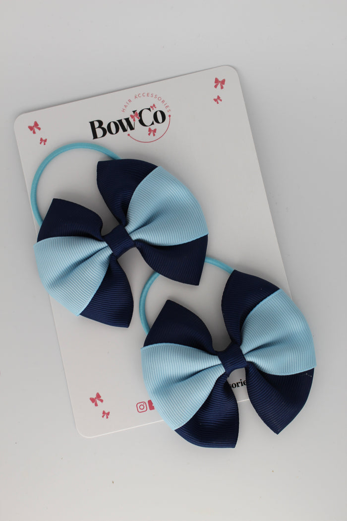 School Bows - Navy and Blue Topaz - Round Tuxedo Bow Set - Elastic