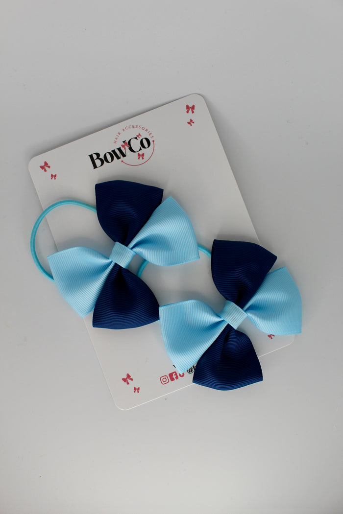 School Bows - Navy and Blue Topaz - Twist Bow Set - Elastic