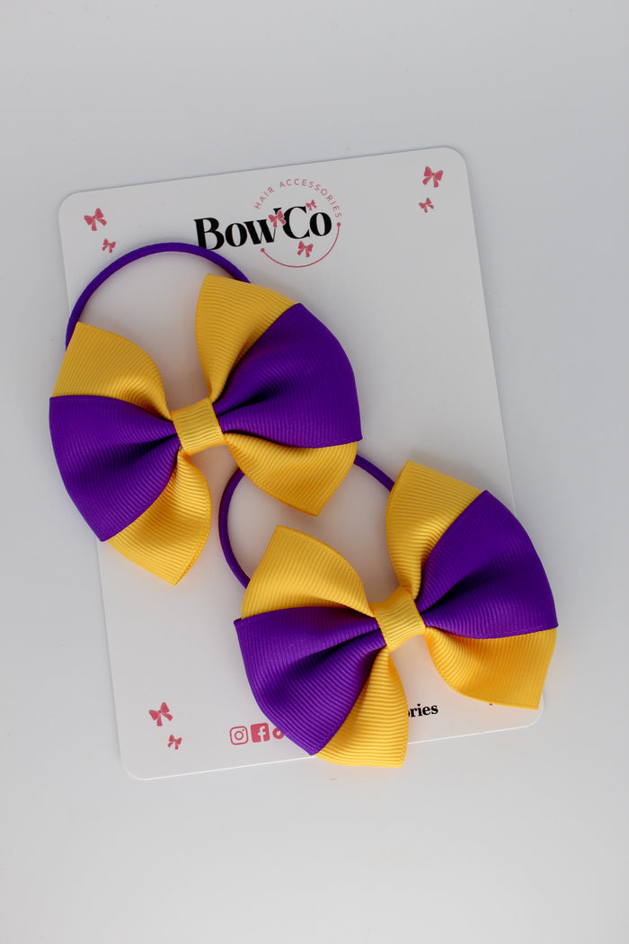 School Bows - Purple and Yellow Gold - Round Tuxedo Bow Set - Elastic