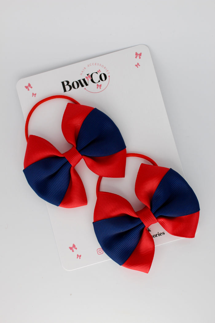 School Bows - Red and Navy Blue - Round Tuxedo Bow Set - Elastic