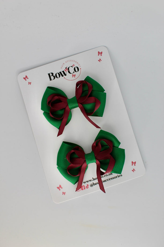 School Bows Forest Green and Burgundy - Double Bow Set - Clip