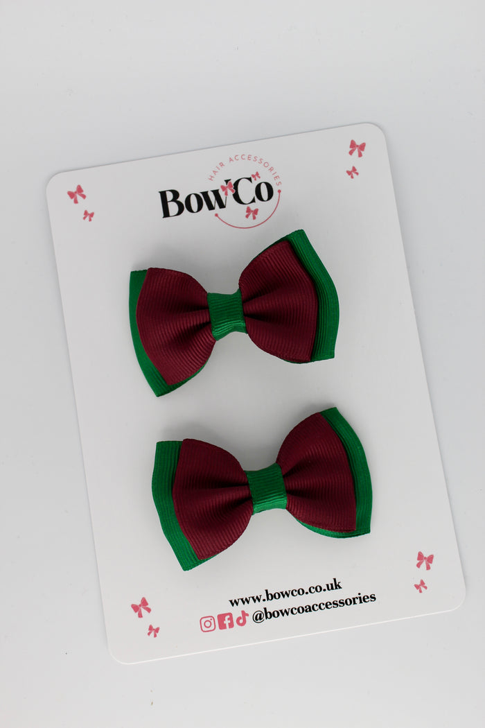 School Bows Forest Green and Burgundy - Double Bow Set - Clip