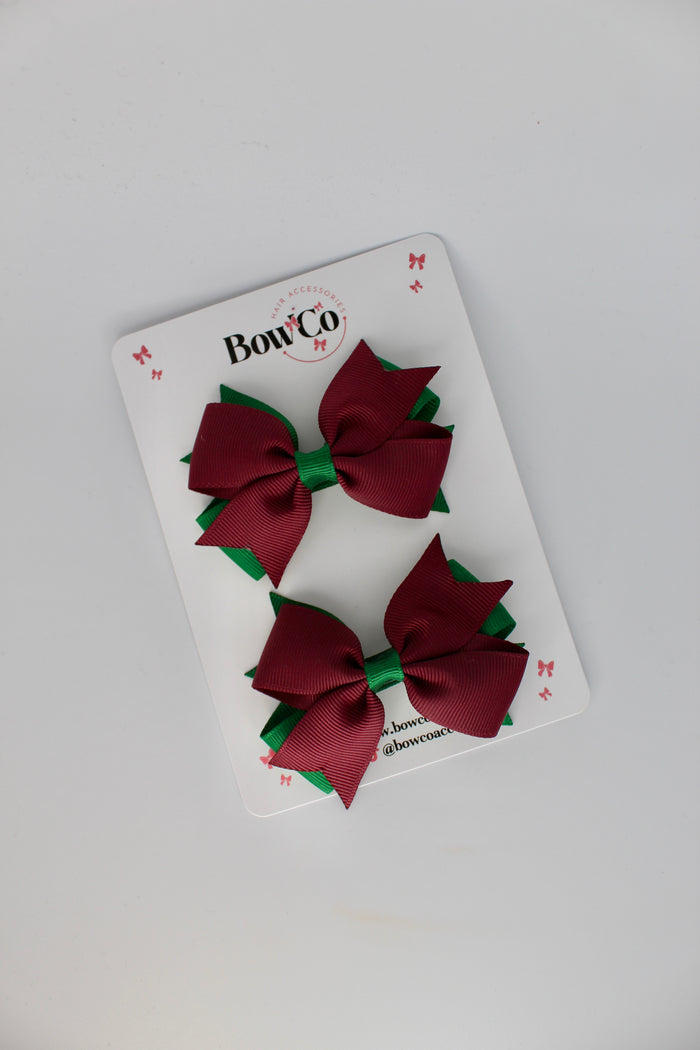 School Bows Forest Green and Burgundy - Layer Tail Bow Set - Clip