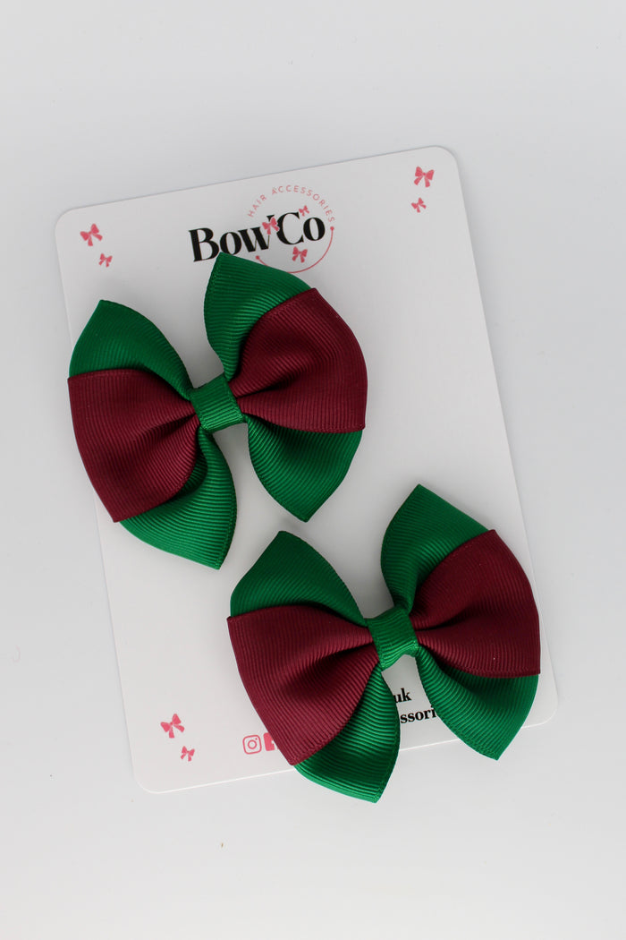 School Bows Forest Green and Burgundy - Round Tuxedo Bow Set - Clip