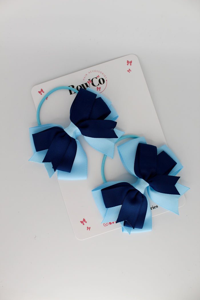 School Bows Navy and Blue Topaz - Double Tail Bow Set - Elastic