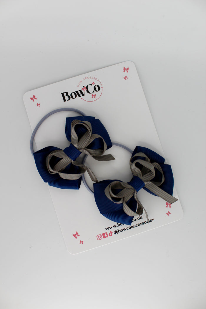 School Bows Navy and Metal Grey - Double Bow Set - Elastic