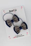 School Bows Navy and Metal Grey - Double Ribbon Bow Set - Elastic