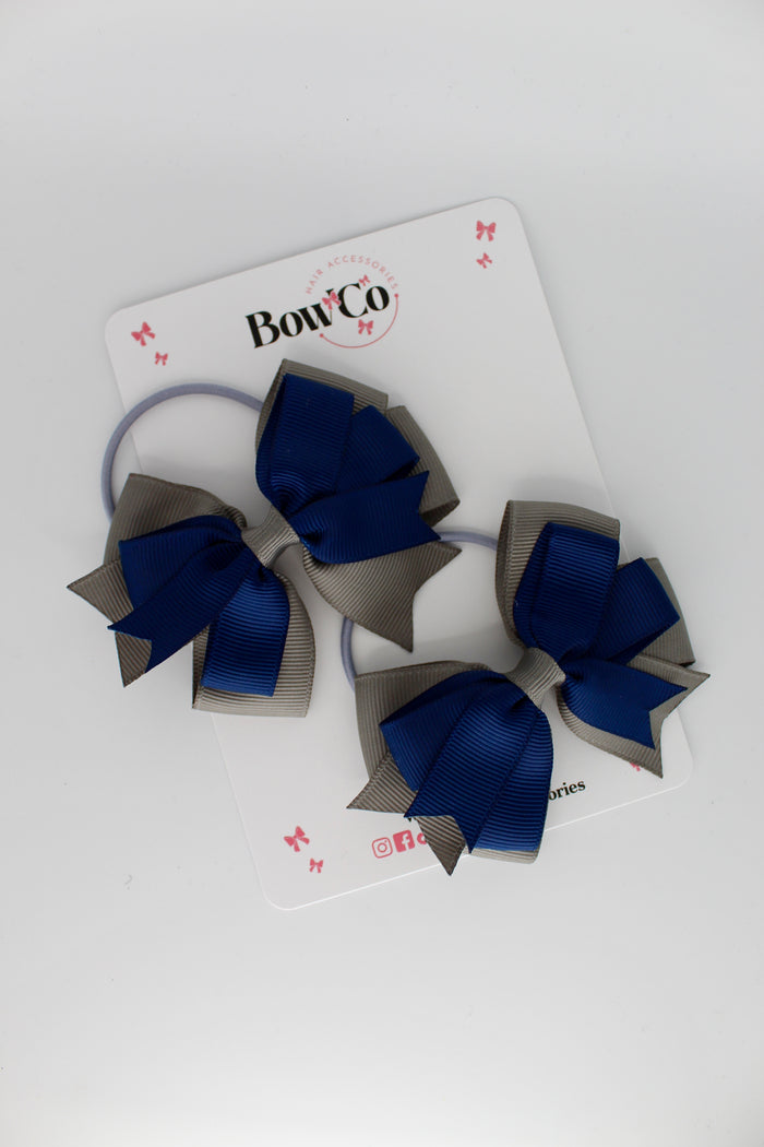 School Bows Navy and Metal Grey - Double Tail Bow Set - Elastic