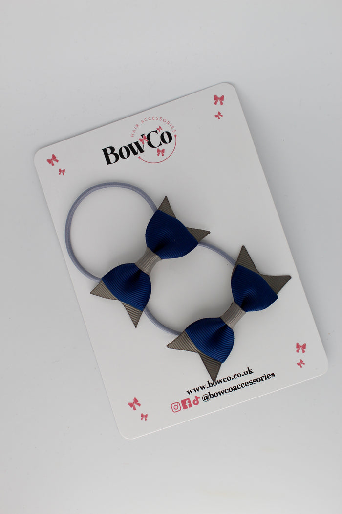School Bows Navy and Metal Grey - Layer Tail Bow Set - Elastic
