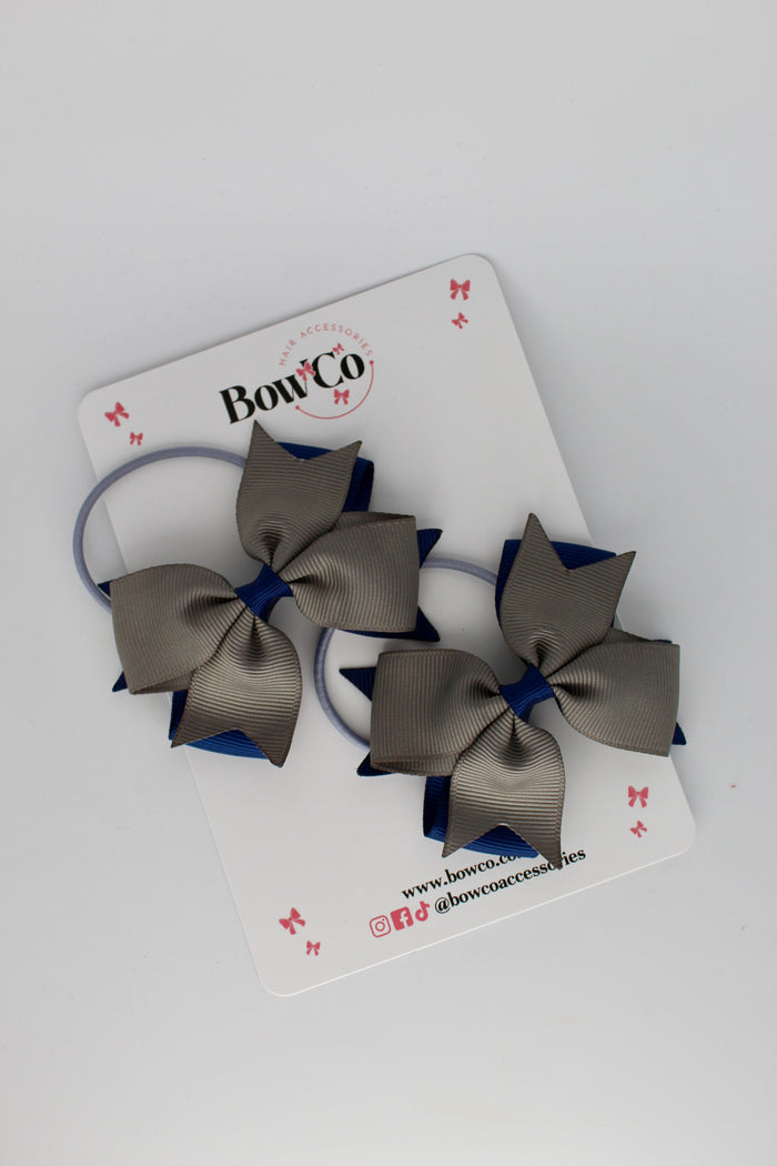School Bows Navy and Metal Grey - Layer Tail Bow Set - Elastic