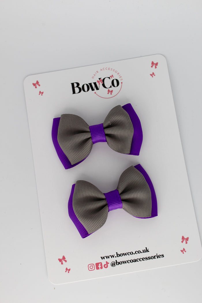 School Bows Purple and Metal Grey - Double Bow Set - Clip