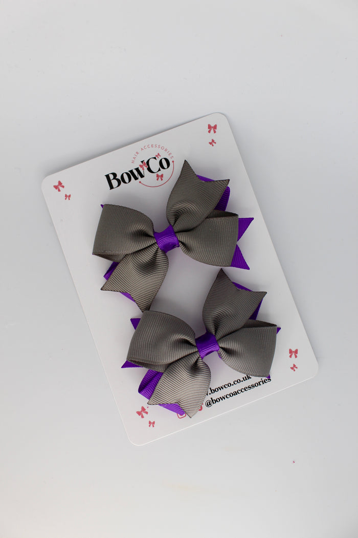 School Bows Purple and Metal Grey - Layer Tail Bow Set - Clip